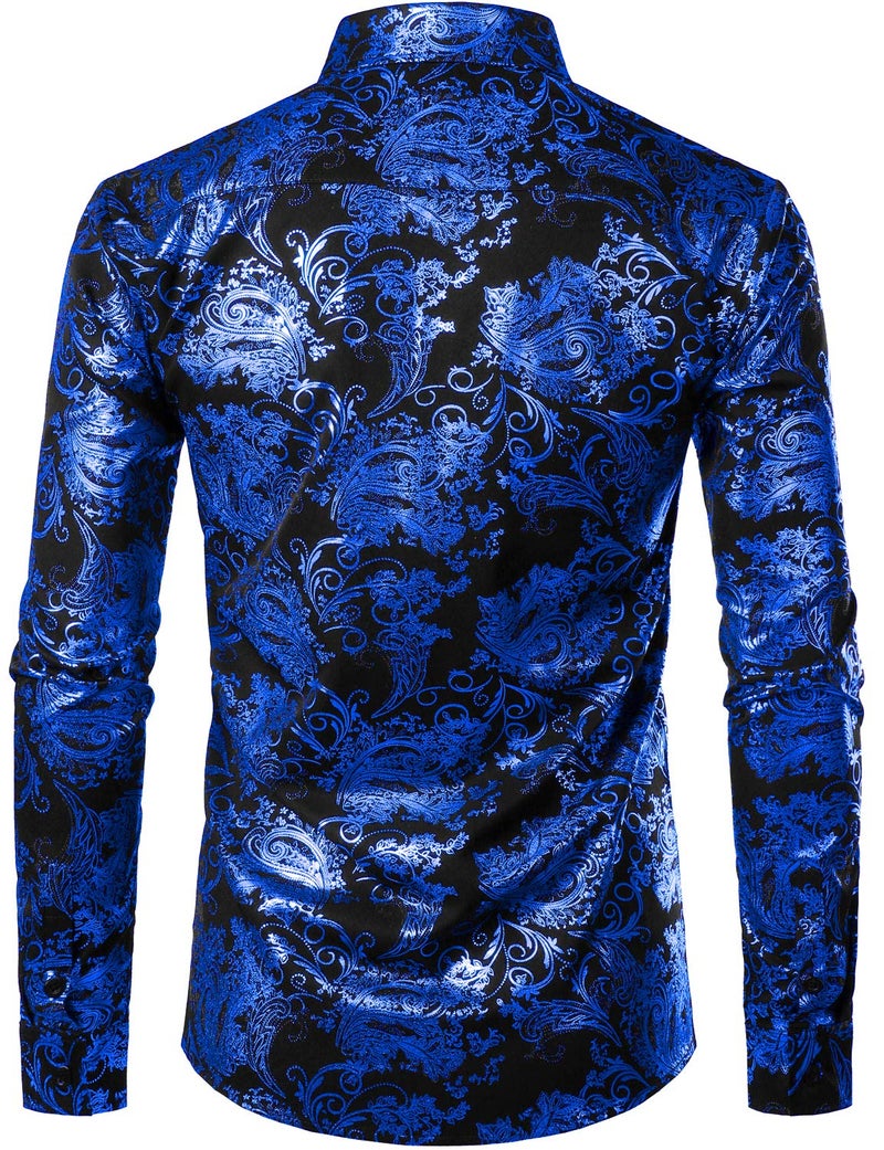 ZEROYAA Men's Luxury Paisley Dress Shirt Shiny Floral Printed Button Down Shirts for Party Prom ZLCL18 Black Royal Small - Image 2